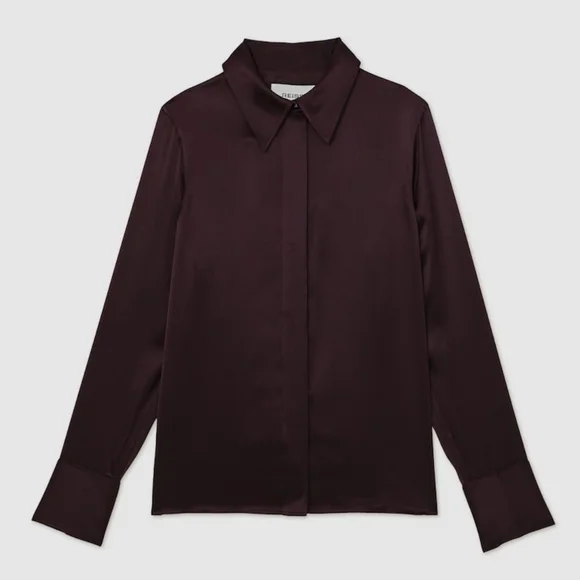 Big Sale! Reiss Silk Satin Concealed-Placket Shirt in Burgundy - Picture 5 of 9